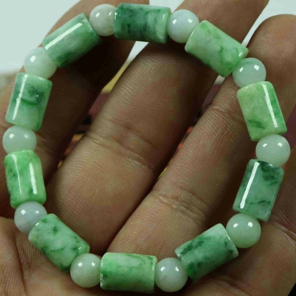 Certified Green 100% Natural A Jade Jadeite 9*9*13mm Barrel Bead Bracelet - Picture 2 of 9